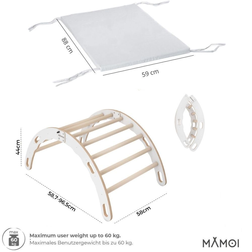 MAMOI® Kletterbogen mit Kissen, Kissen für Klettergerüst aus Holz, Kletterdreieck, Klettern, Holzbogen, Spielplatz, Klettergerüst Indoor