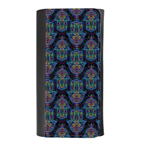 (Ornate Amulet Hamsa Hand of Fatima) women's Patterned Leather Buckle Trifold Wallet Bag Pouch Holster With Credit Card Holder insurance for smartphones