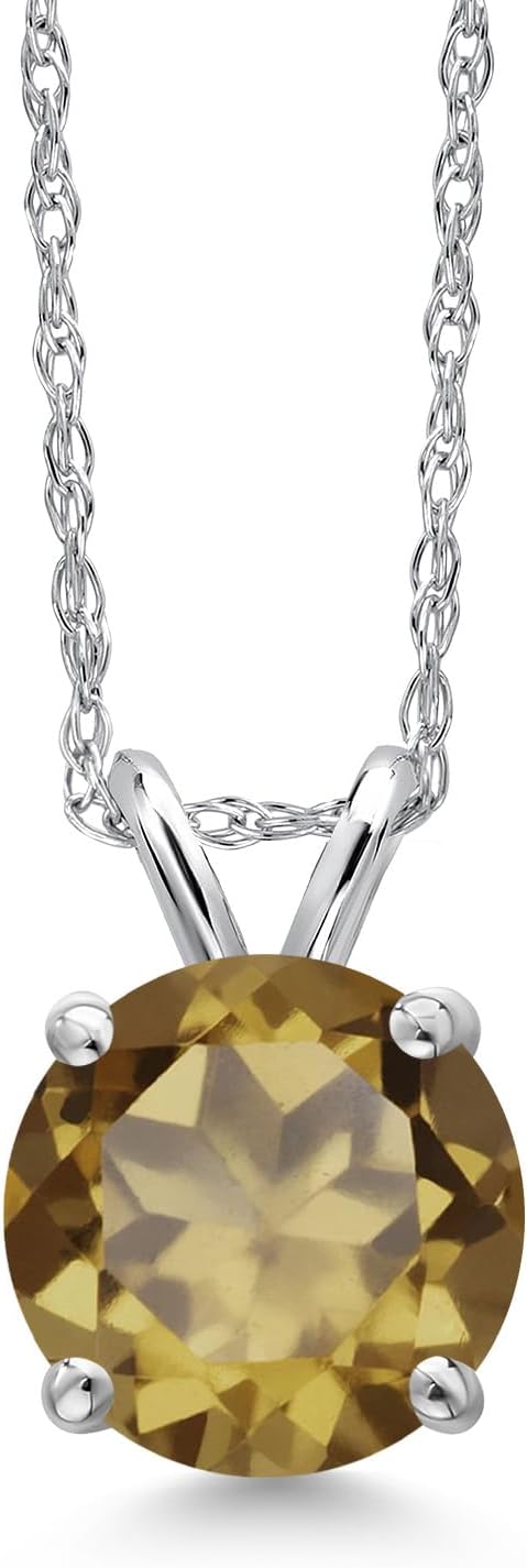 Gem Stone King 14K White Gold Whiskey Quartz Pendant Necklace for Women | 1.25 Cttw | Gemstone Birthstone | Round 7MM | With 18 Inch Chain