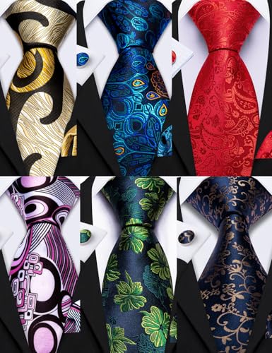 Image of Barry.Wang 6 PCS Men Ties Set Silk Business Fashion Woven Necktie Handkerchief Cufflinks Paisley Stripe Wedding Party