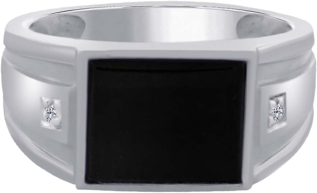 MauliJewels Engagement Rings for Men 0.01 Carat Mens 12x10 Onyx And Diamond Ring Prong-Setting 10K White Gold
