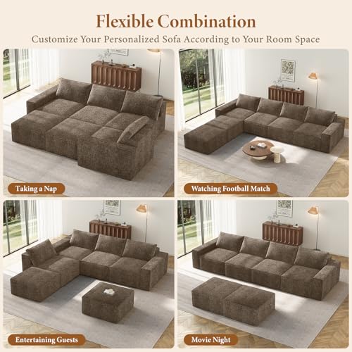 Image of Vesgantti 145.6 inch Modular Boneless Couch, Modern U Shaped 6 Seater Sectional Sofa with 2 Ottoman & Deep Seat, Convertible Chenille Cloud Couches for Living Room, No Assembly Required, Dark Brown