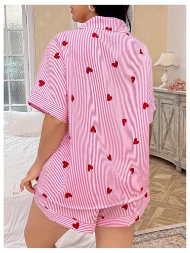 Verdusa Women's Plus Size 2 Piece Heart Striped Pajama Set Button Up Collared Shirts with Shorts Loungewear2