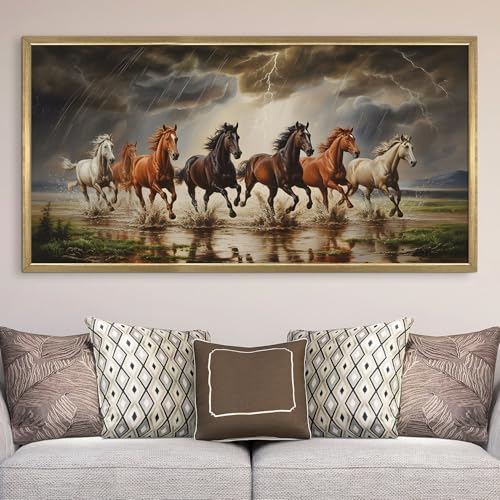 Image of PAPER PLANE DESIGN Seven Running Horses HD Canvas Print Wall Art - Premium Vastu Golden Box Frame With Acrylic - Elegant Home & Office Decor - Size: 2 x 4 Feet. (A)