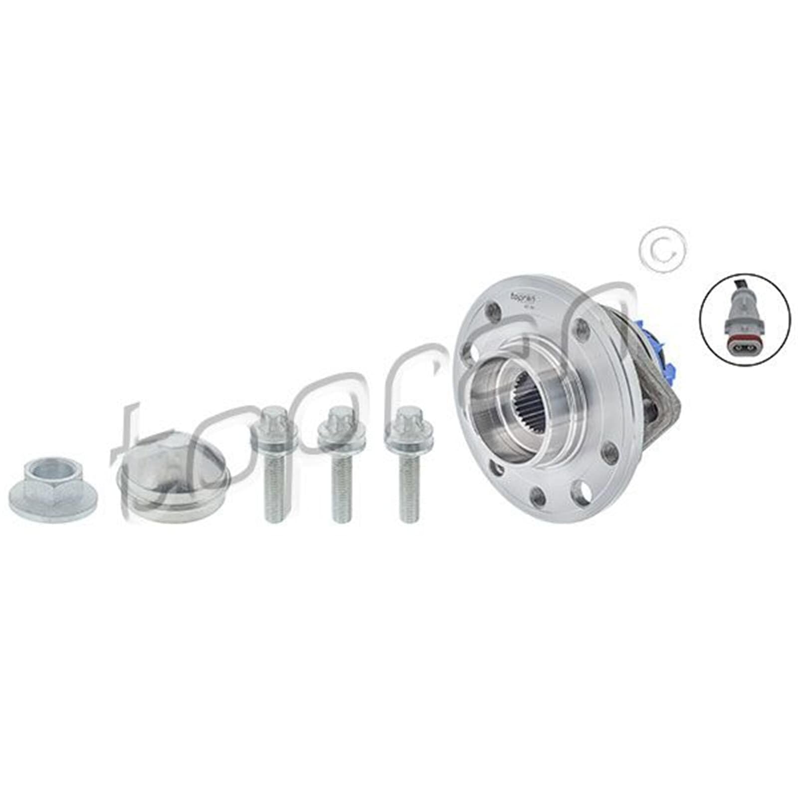 TOPRAN 207 392 Cubo de rueda Rodamiento integrado en buje de rueda con cubierta grasa con tuerca con tornillos con sensor incorporado rpm rueda Delantero Izquierda Delantero Derecha