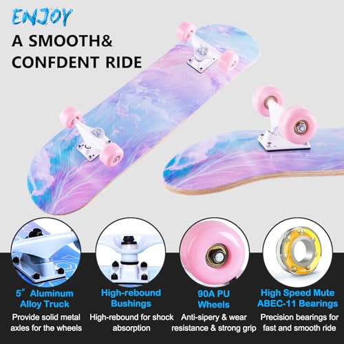 Skateboard,31 x 8 inch Complete Skateboards for Beginners,8 Layer Maple Concave Cruiser Trick Skate Board for Teens and Adults (Pink-JG)