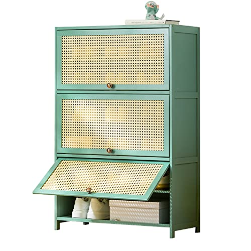 GFRYSBMQ Zapatero de bambú con Puertas de ratán, Moderno Zapatero de Entrada, Mueble de Almacenamiento prémium para Pasillo, baño, Cocina, Zapatero abatible (6 Niveles, 27,6 Pulgadas, Verde)