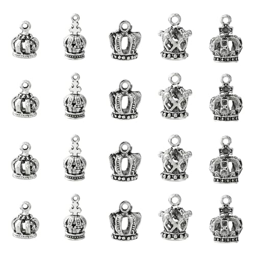 LiQunSweet 50 Pcs 5 Styles Vintage Silver Crown Alloy Charms
