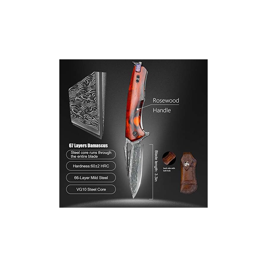 SPIRIT DEED Damascus steel multifunctional EDC folding knife with self assembling pocket clip, lining lock, leather sheath, one piece disassembly pocket knife