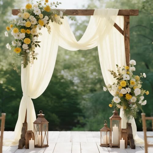 HOTUT Arche Tenture Mariage Ivoire, 75×600cm Rideau en Tulle, Mariage Voilage Drapés en Mousseline éLastique avec 2Pcs Rubans, pour Décoration de...