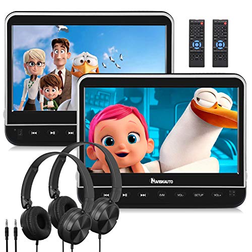 10.1” DVD para Coche con 2 Pantallas Soporta HDMI, MP4, Dual Reproductor DVD para Reposacabezas con Auriculares Soporta Video 1080P/ MKV/USB/SD/AVI, AV-IN/out - NAVISKAUTO
