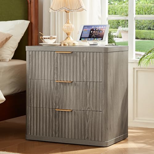 Image of LEYAOYAO 23 inch Wide Fluted Night Stand with Charging Station,3 Drawers Large End Table with Storage,Grey Nightstand Wood Bedside Tables, Farmhouse Cabinet Dresser for Bedroom,Closet