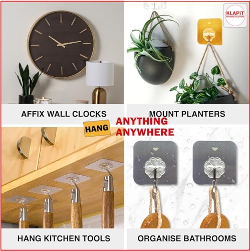Image of KLAPiT Super Hook - Heavy Duty Self Adhesive Wall Hooks, Holds Up To 5kg, Waterproof, No Damage, Easy Installation on Tiles, Wood, Stone, Glass and Metal, Made of Steel (Clear, 24 Pack)