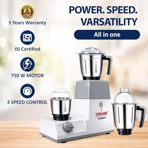 Image of Kanchan Trendy Mixer Grinder 750 watt with 3 Stainless Steel Jars (Chutney, Idli Batter, Puree, Dry Masala, Juices) Powerful Copper Motor with Overload Safety- ISI Certified with 5 Year Warranty