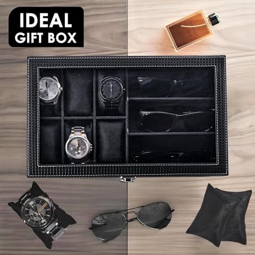 Image of Leather Watch Organizer with Glass Display (Black& Black, 6)