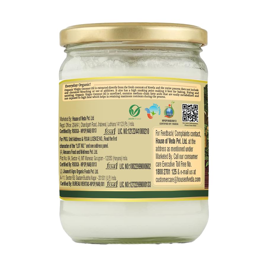 House of Veda Extra Virgin Organic Coconut Oil - 500ml | Raw, Edible Cold-Pressed, Unrefined | Certified Organic & Vegan | For Cooking, Hair & Skin | Chemical-Free, Non-GMO - Image 4 thumbnail