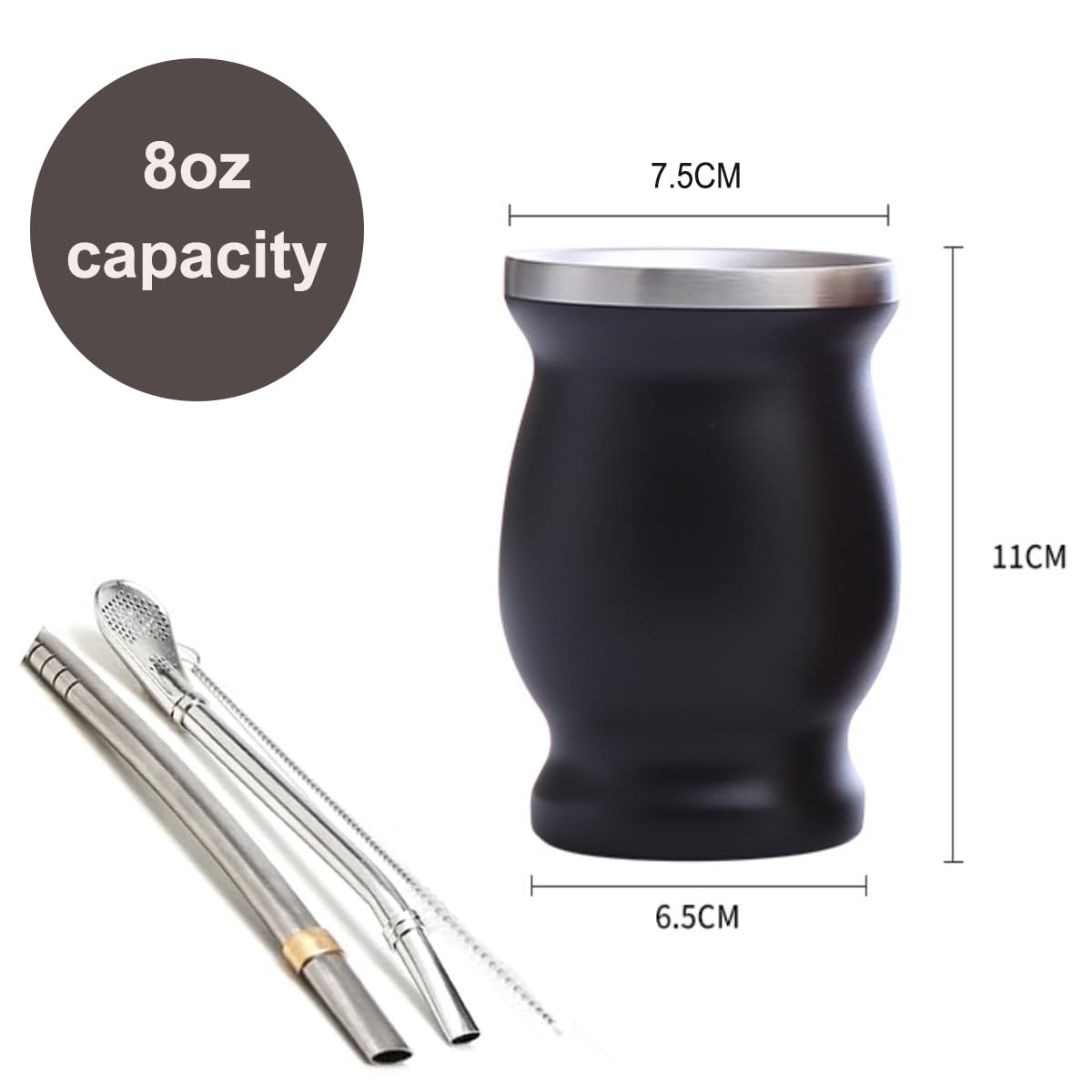 Yerba Mate - Set di tazze da tè in acciaio inox, 226,8 g, include zucca Mate, 2 Bombillas (paglia) e 1 pennello, nero