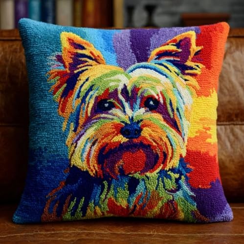 AxiangziK Kit de Cojín de Gancho de Pestillo,Yorkshire Terrier Animal Perro Cojines de Bricolaje con Cierre de Gancho 43x43cm Kits de Costura de Fundas de Almohada