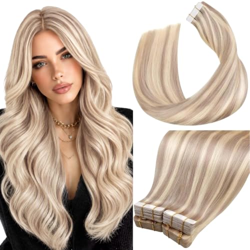 Image of LaaVoo Human Hair Tape in Extensions Ash Blonde Tape in Hair Extensions Human Hair Highlights Blonde with Ash Blondes 00G 40pcs 20Inch