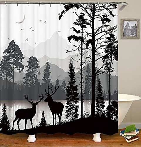 Jayden Madge 4Pcs Deer Shower Curtain Set, Country Mountain Pine Tree Foggy Woodland Elk Birds Wildlife Animals Hunting Lake Cabin Rustic Farmhouse Bathroom Decor, Non-Slip Bath Mat, Crescent Moon #TOP2