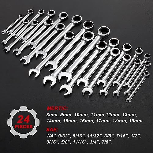 RIMKOLO 24-Piece Ratchet Wrenches Chrome Vanadium Steel Ratcheting Wrench Set with Metric and SAE 72-Tooth Box End and Open End Standard Wrench Set with Organizer Box - Thumbnail 3