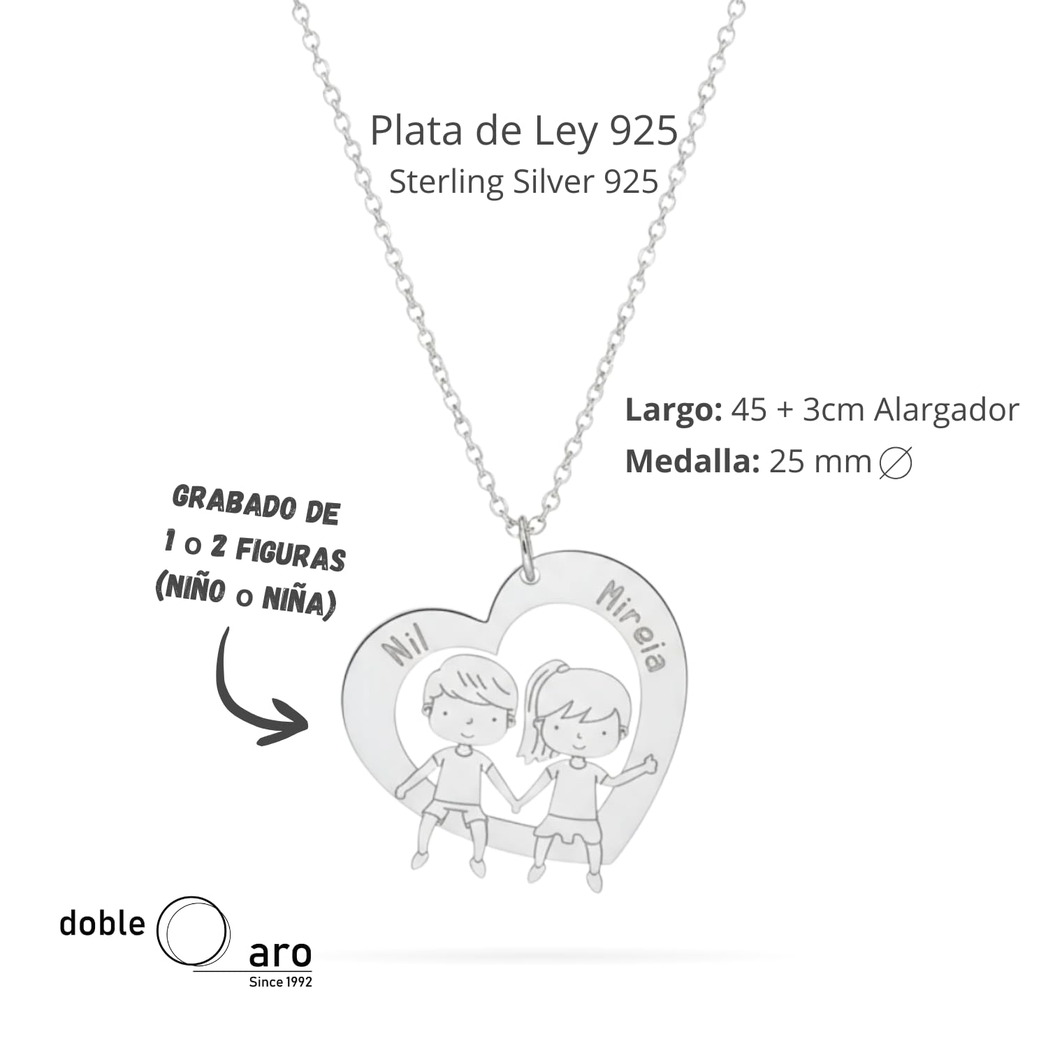Collar Corazón Personalizado con Niño/Niña en Plata de Ley 925 – Grabado con Nombres – Joyería Personalizada Mamá – Regalo Día de la Madre, Cumpleaños, Aniversario, Familia, Hijos