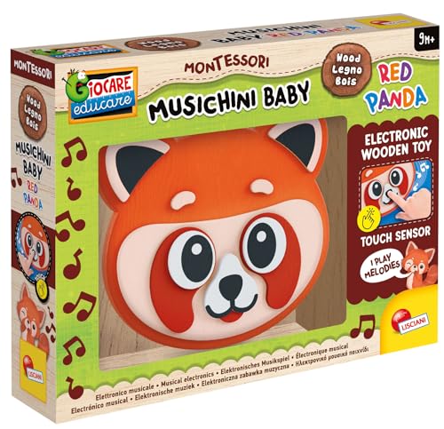 Lisciani - Montessori Baby Wood - Música: Panda Rojo - Juguete Interactivo Musical de Madera para Bebé desde 9 Meses - Despertar Musical y Luminoso - Juguete Electrónico - Descubrimiento Sensorial