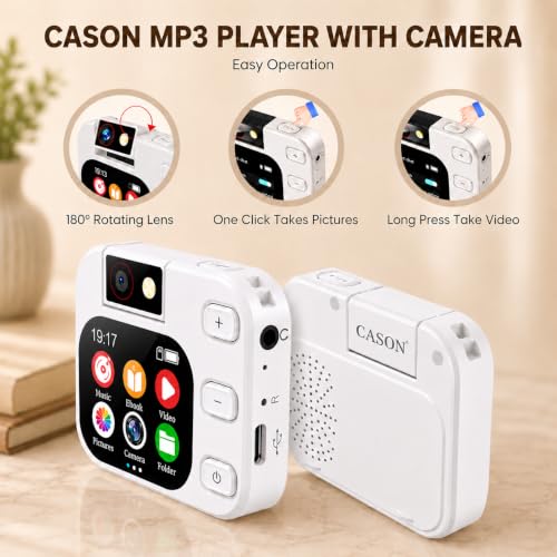 Image of Cason Mini MP3 Music Player with Bluetooth & 180 Rotating Mini Camera,Touch Screen Audio Player with Built-in Speaker, Pocket-Sized MP3 Player with FM Radio,E-Book -Expanded Up to 128GB (White)