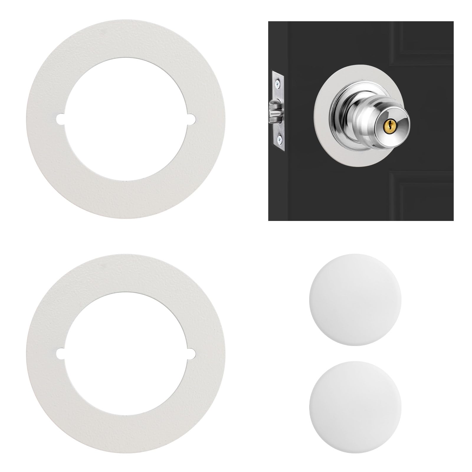 UFURMATE Door Knob Repair Plate 2Pcs Stainless Steel Door Handle Fixing Repair Kit with 2Pcs Silicone Bumper Pad Self-Adhesive Round Plates for Fixing Door Lock (White, 55mm)