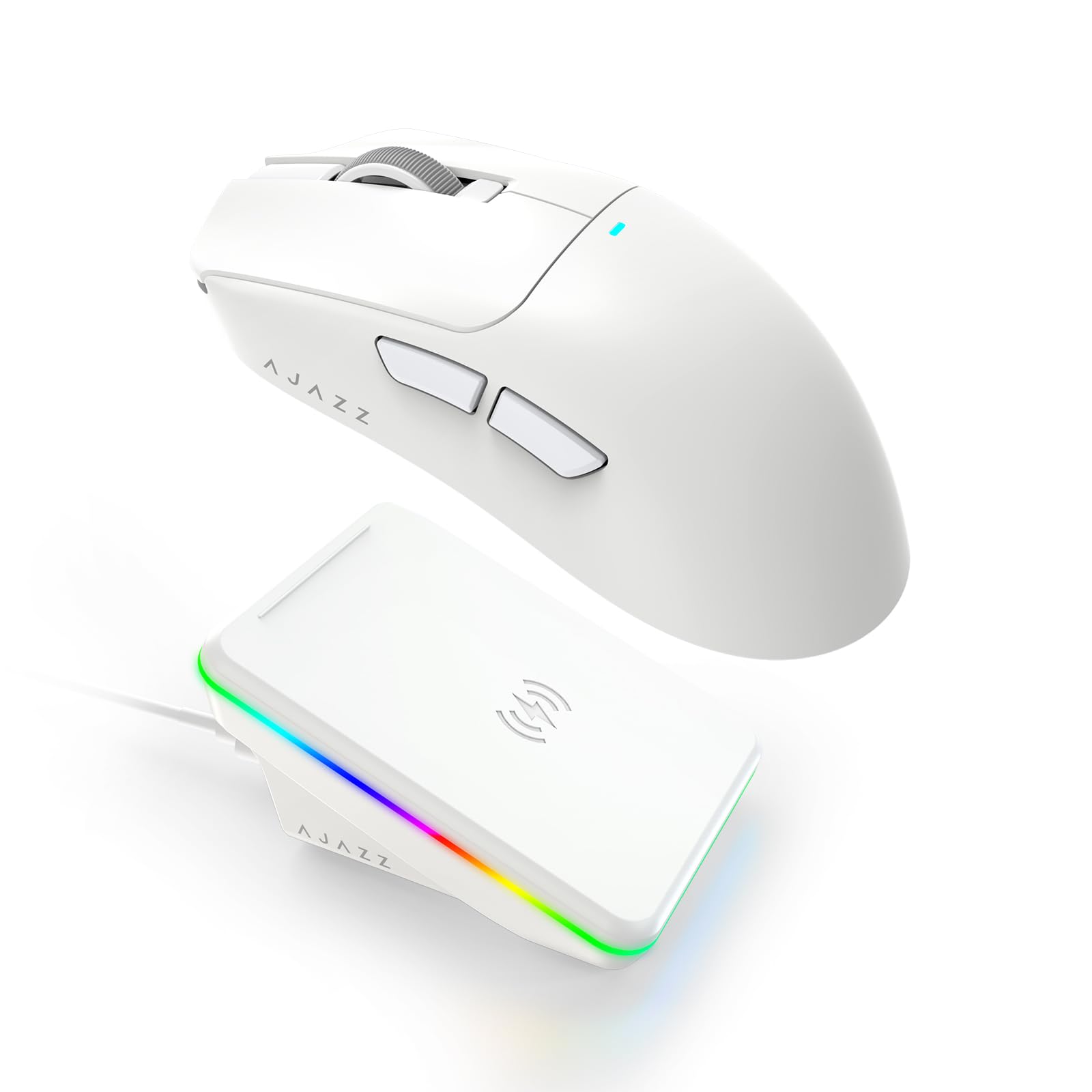 A.JAZZ AJ200P NL Ultra Ratón Gaming Inalámbrico IA, PAW3950 y Base de Carga | Tri-Modo 8K Cable/4K NearLink 2.4G/BT, Mecanografía e IA Coach, 50-42000 DPI, 100M Clics, 65g Superligero Ergonómico - Blanco
