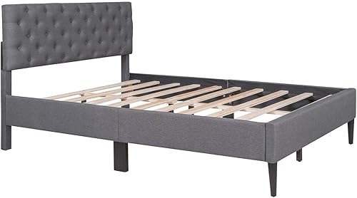 Miniatura 7 de TMEOSK Base de cama tapizada de lino de tamaño matrimonial con cabecera cómoda, plataforma moderna de mediados de siglo con soporte de listones de