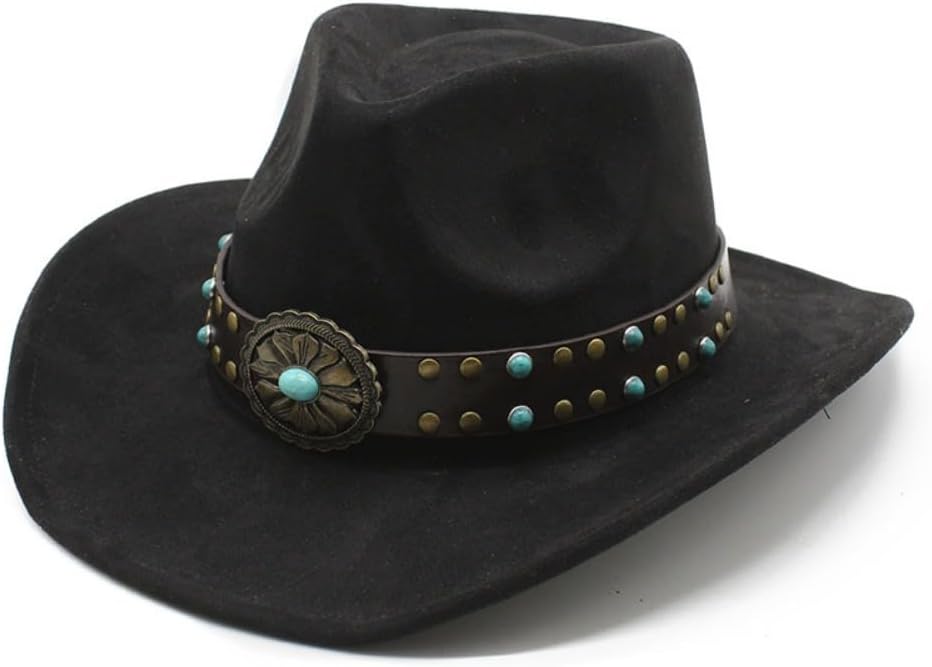 Western Cowboy Hat with Turquoise Studded Leather Band, Taupe, Faux Suede, Wide Brim, Longhorn Concho Accent, Classic Style