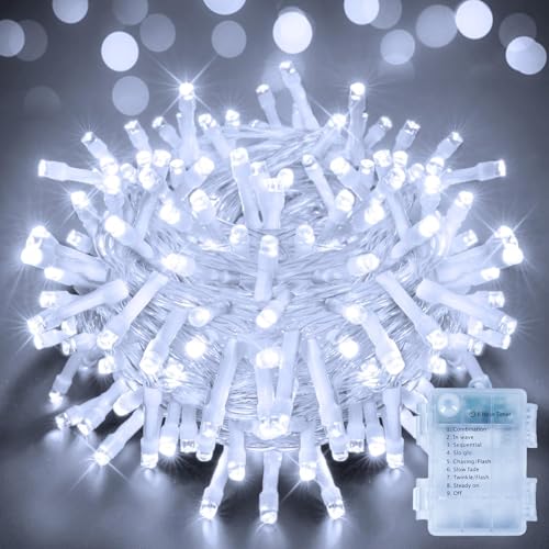 Ollny Fairy Lights Battery Operated, 10m 100 LEDs Bright Battery Powered String Lights, Cool White Outside Christmas Lights Waterproof with 8 Modes/Timer for Indoor Outdoor Bedroom Garden Decorations