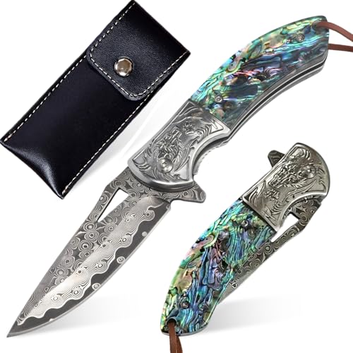 Dazzlion Damascus Pocket Knife for Men Women, 3.54" Damascus Steel