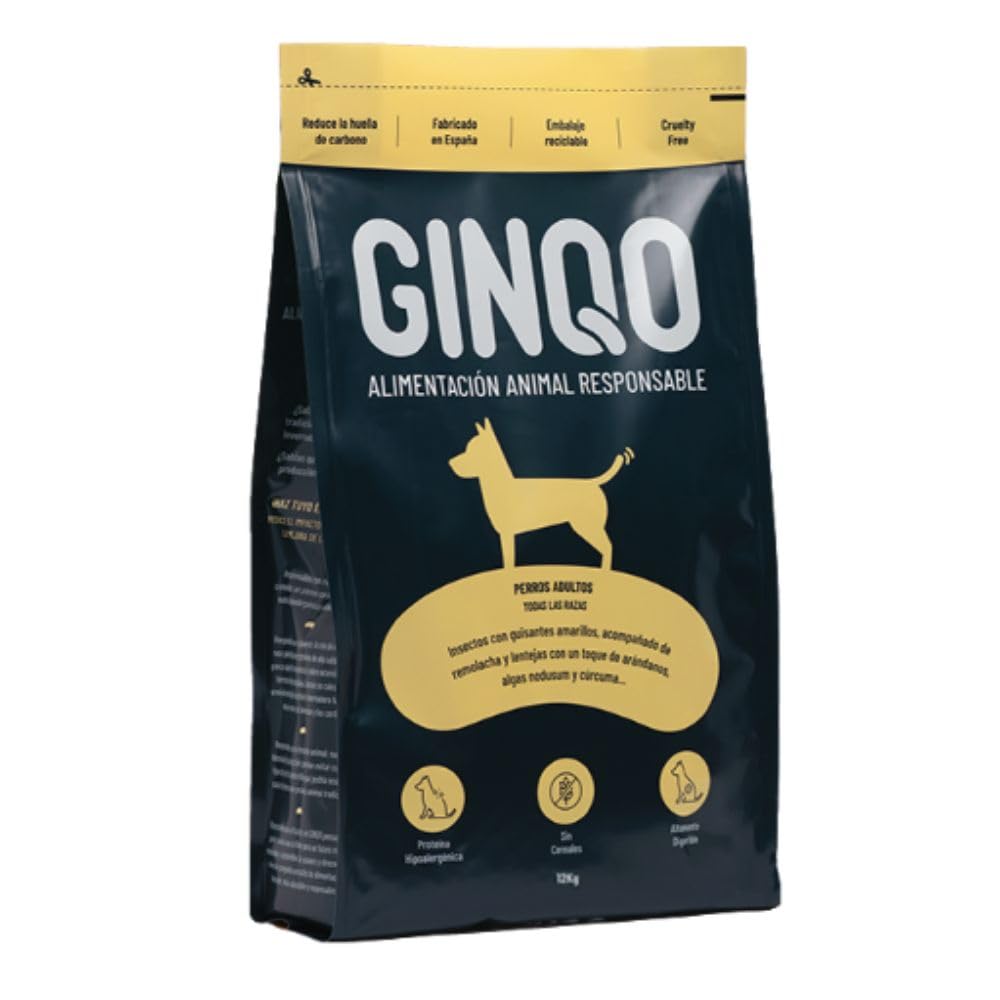 Ginqo Pienso Natural para Perros Adultos con Proteína de Insectos, Hipoalergénico, Sin Cereales, Sin Gluten, Digestivo - 27% Proteína (12 kg)