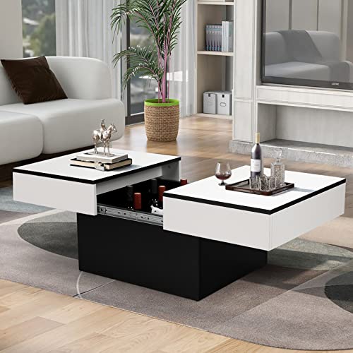 VOWNER Mesa Centro, Mesa de Centro Moderna, Extensible, con 2 Espacios de Almacenamiento, Acabado Alto Brillo, 129 x 58 x 40 cm, Blanco