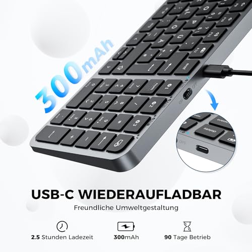 iClever Bluetooth Tastatur Mac, Tastatur kabellos Multi-Device mit Easy-Switch für bis zu 3 Geräte, –für PC, Windows, Mac, Chrome OS, Android, iPad OS, Deutsches QWERTZ-Layout