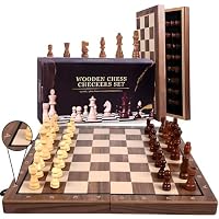 Necomi Chess Sets, 15'' Magnetic Wooden Chess Set, Portable Folding Board Game for Adults and Kids,Includes 2 Extra Queens, Alphabetised Board, Portable Travel Board Game Set（Not Included Checkers）