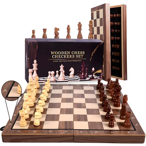 Necomi Chess Sets, 15'' Magnetic Wooden Chess Set, Portable Folding Board Game for Adults and Kids,Includes 2 Extra Queens, Alphabetised Board, Portable Travel Board Game Set（Not Included Checkers）