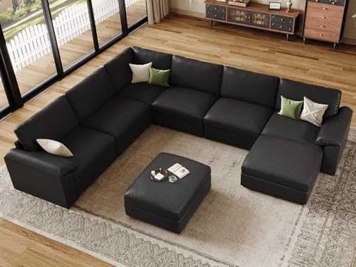 Image of EASE MOOSE Faux Leather Sectional Couch with Ottoman, Oversized Modular Sofa, Vintage Comfy Modular Couch, Scratch Resistant Material Sofas, U Shaped Couch for Living Room, Black