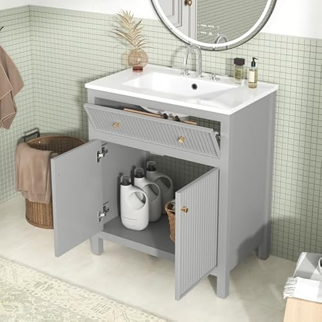 30 Inch Bathroom Vanity with Ceramic Sink Combo, Modern Simple Style Bathroom Cabinet with 1 Storage Cabinet and 1 Tip-Out Drawer, Freestanding Bathroom Storage Vanity, Grey