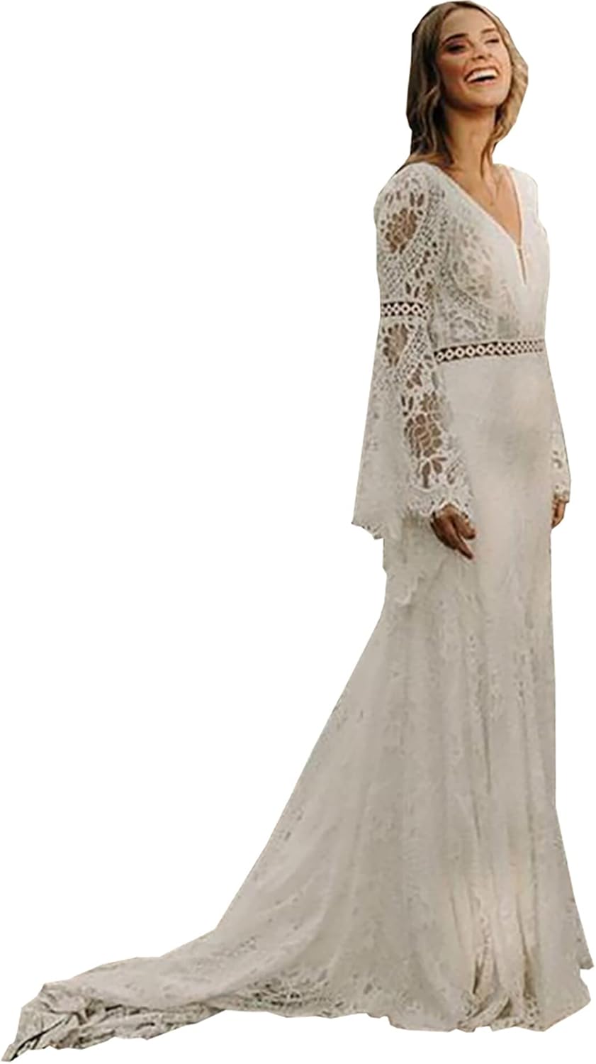 Women's Wedding Dresses Boho for Bride with Long Sleeves Plus Size Lace Beach Bridal Gowns Bohemian Wedding Gowns