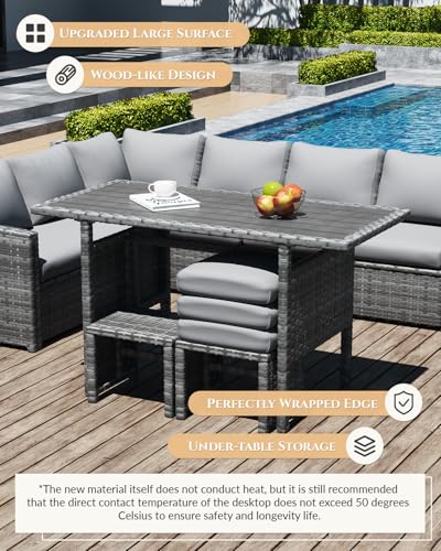 Image of U-MAX 7 Pieces Patio Furniture Set with Waterproof Cover, Outdoor Sectional Sofa Conversation Set, All Weather Wicker Rattan Dining Table & Chair with Ottoman, Grey Rattan&Light Grey Cushion