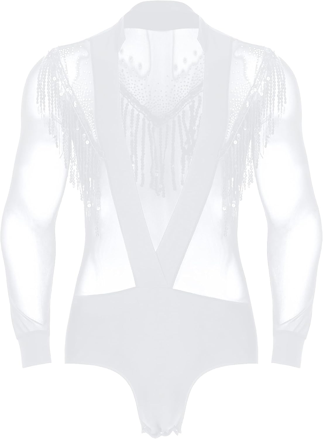 Men's Latin Dance Shirt Shiny Rhinestones Tassels Bodysuit Deep V Neck Leotard Ballroom Costume