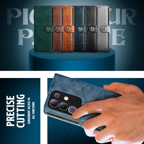 Image of WOW IMAGINE Shock Proof Flip Cover Back Case for Vivo T4x 5G | iQoo Z10x 5G | Vivo Y31 Pro 5G (Magnetic Button Flip Case | Wallet Pockets & Stand | Leather Finish | Aquamarine)
