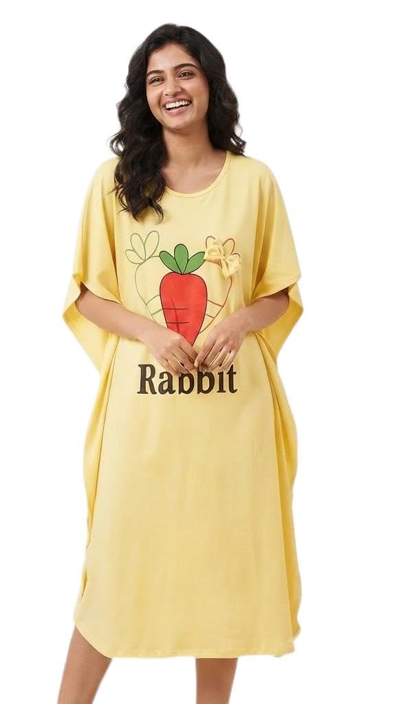 Happy Threads Rabbit Print Kaftan Dress for Women, Yellow-image-31