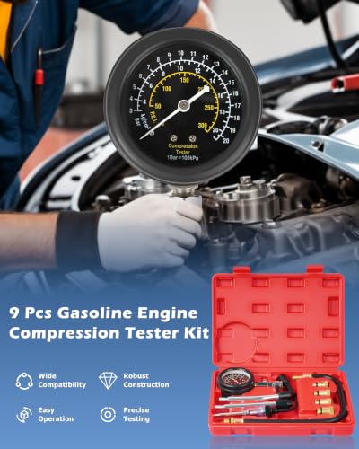 Image of DAYUAN 9Pcs Professional Petrol Engine Compression Tester Kit Set | Spark Plug Ignition Tester, Dual Scale Gauge, 0-300 PSI /0-20 Bar, Reinforced Rubber Hose, Universal for Cars Motorcycles