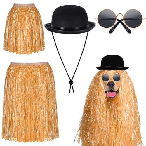 JcHrmers 4 Pcs Pet Halloween Costume Include Derby Hat,Luau Hula Skirts and Round Sunglasses for Halloween Funny Dog Pet Costume Cosplay