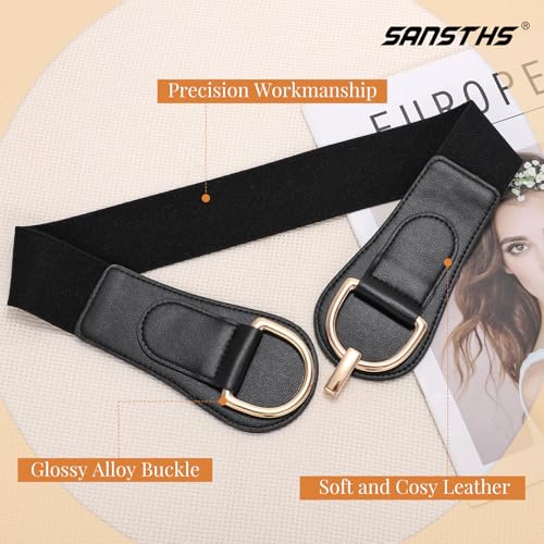 SANSTHS Vintage Women Stretchy Wide Belt Chunky Buckle Elastic Wide Waist Belts for Dresses Coats
