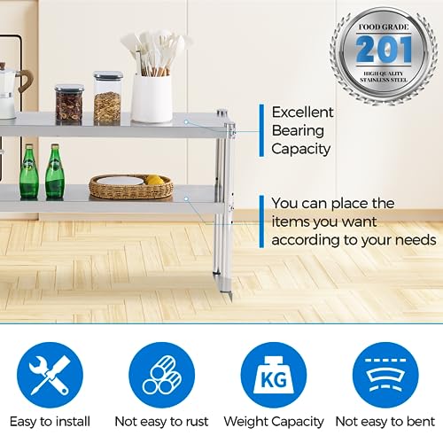 Image of KUARBARR Stainless Steel Shelf 2 Tier Stainless Overshelf for Kitchen Prep Work Table 12 x 48 Inches Adjustable Commercial Steel Table OverShelf for Kitchen, Restaurant, Bar, Utility Room, Garage